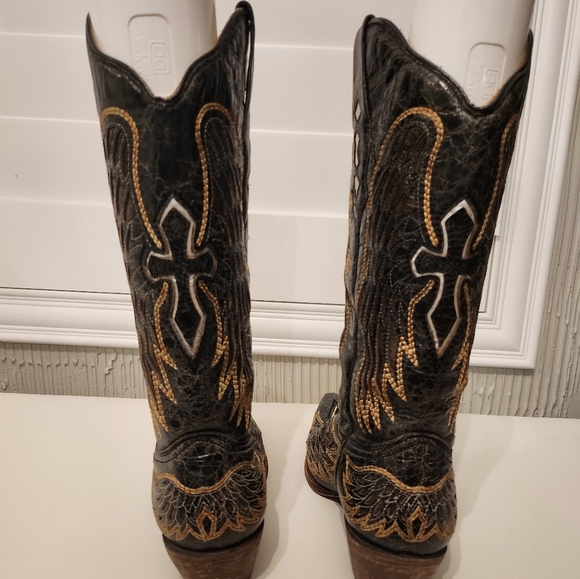 Corral Vintage Cross & Wings Snip Toe Cowboy Boots Women's Sz 7 Black Western - Picture 6 of 8